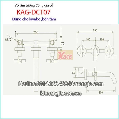 Vòi âm tường bồn tắmlavabo đồng giả cổ KAG-DCT07