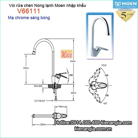 Vòi rửa chén bát nóng lạnh Moen-Mỹ V66111