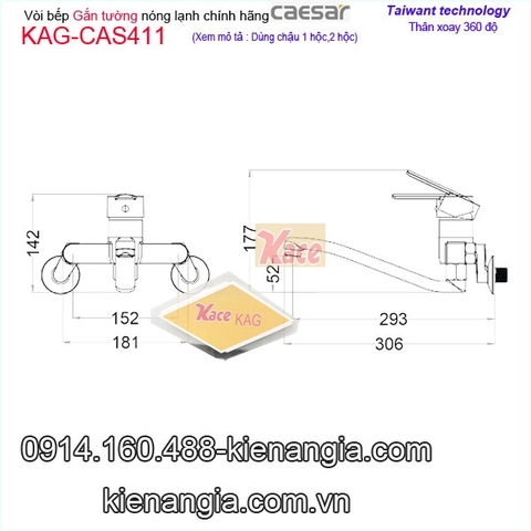 Vòi rửa chén gắn tườngvòi bồn tắm nóng lạnh Caesar chính hãng KAG-CAS411