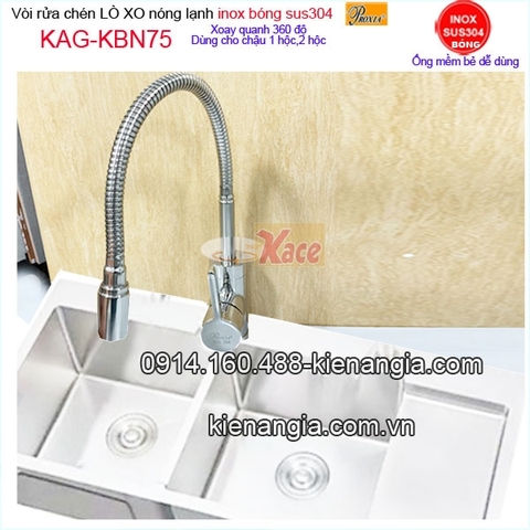 Vòi rửa chén inox bóng sus304 Proxia lò xo nóng lạnh KAG-KBN75