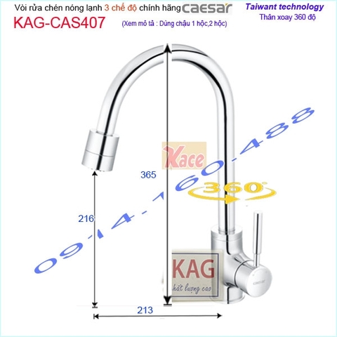 Vòi rửa chén nóng lạnh Caesar chính hãng 3 CHẾ ĐỘKAG-CAS407