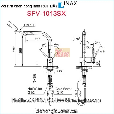 Vòi rửa chén nóng lạnh rút dây Inax SFV-1013SX