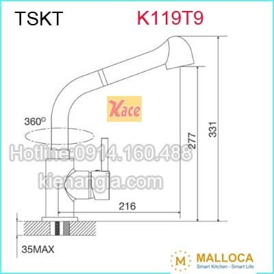 Vòi rửa chén nóng lạnh rút dây MALLOCA K119T9