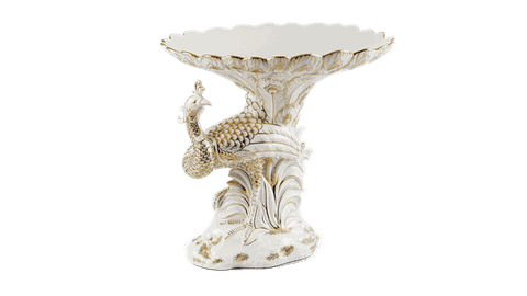 Tô trái cây Khổng Tước (dáng đứng - bên phải) - Vẽ tay - Trắng - Trang Trí Vàng