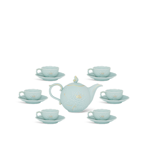 Bộ trà 0.7 L - Sen - Men Ngọc Sương Mờ (Trang Trí Vàng)