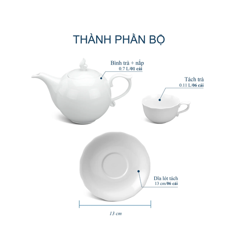 Bộ trà 0.7L - Mẫu đơn Trắng