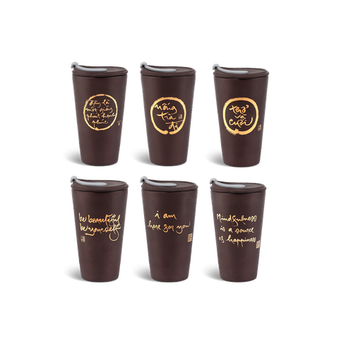 Bộ 6 ly sứ dưỡng sinh 0.48 L (K1) + nắp ống hút - Dưỡng Sinh - Tử Sa Nâu