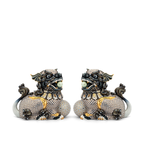 Cặp Kỳ Lân Cobalt Trang Trí Vàng và Bạch Kim