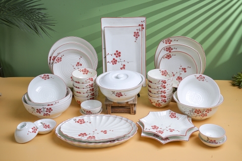 SÉT BÁT ĐĨA VUỐT HÀNG VẼ TAY HOA ĐÀO