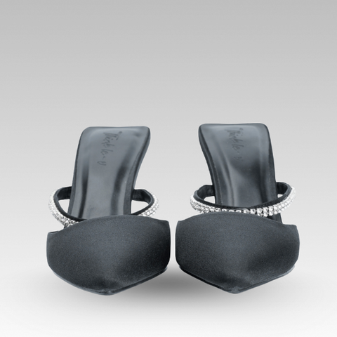 Giày mule cao gót đen mũi nhọn đính đá – Dự tiệc sang trọng – Think Le-V