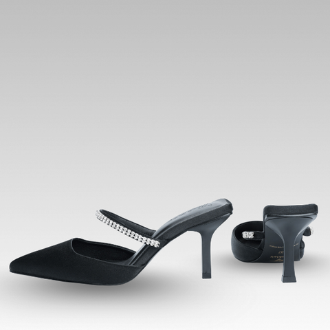 Giày mule cao gót đen mũi nhọn đính đá – Dự tiệc sang trọng – Think Le-V