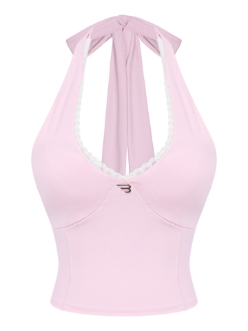 Áo tập nữ croptop cổ yếm ôm BRETH viền ren thắt nơ hở lưng