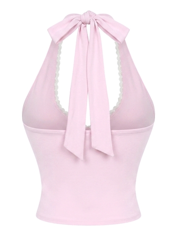 Áo tập nữ croptop cổ yếm ôm BRETH viền ren thắt nơ hở lưng