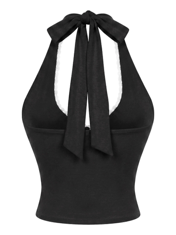 Áo thun thể thao nữ croptop cổ yếm ôm BRETH viền ren cột nơ