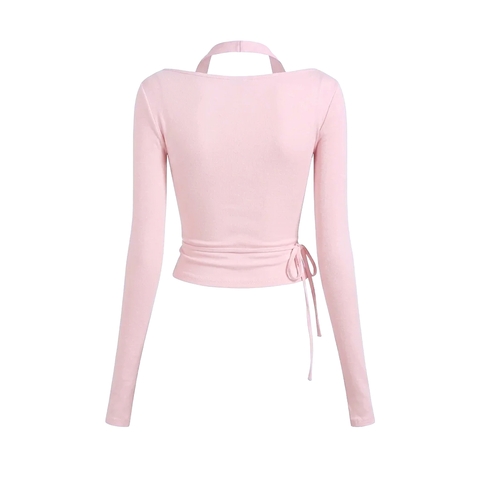 Áo cổ đổ tay dài kèm áo croptop bên trong DKMV dây eo cột nơ
