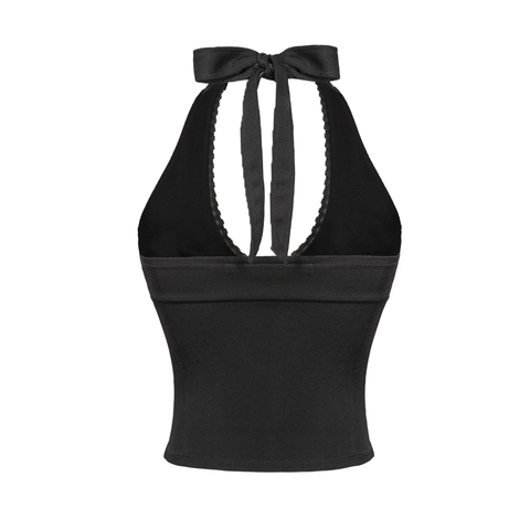 Áo cổ yếm buộc dây nơ phối ren DKMV croptop dây bèo nhún đính dọc thân hở lưng logo cá màu đen