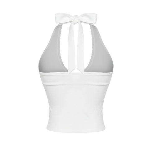 Áo croptop nữ cổ yếm thắt nơ phối ren DKMV nhún dây bèo dọc thân đính logo cá hở lưng màu trắng