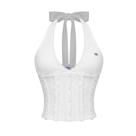 Áo croptop nữ cổ yếm thắt nơ phối ren DKMV nhún dây bèo dọc thân đính logo cá hở lưng màu trắng