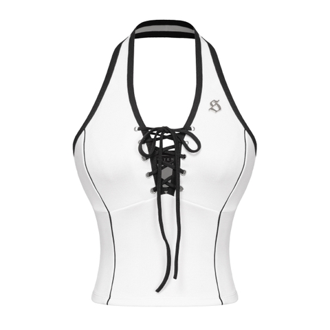 Sisters Áo croptop cổ yếm đan dây ngực Caridwen