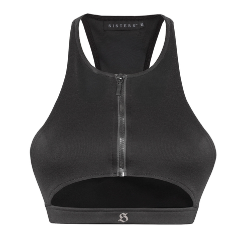 Áo croptop ôm body khóa kéo cut-out SISTERS màu đen siêu ngắn dáng ba lỗ nữ tôn dáng logo inox Cannes