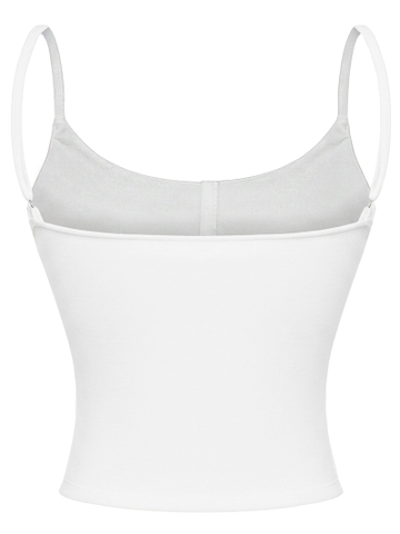 Áo hai dây croptop màu trắng khoét ngực SISTERS đính logo inox Aminta