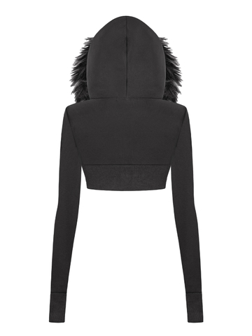 SISTERS Áo khoác croptop nỉ mũ lông Vesper - Đen