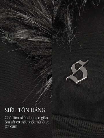 SISTERS Áo khoác croptop nỉ mũ lông Vesper - Đen