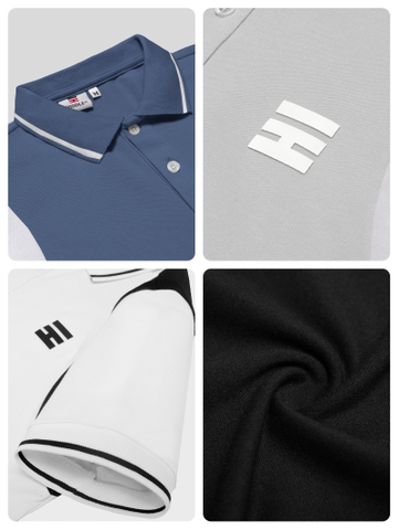 H05-T1 Áo polo tay phối màu trắng-Xanh biển