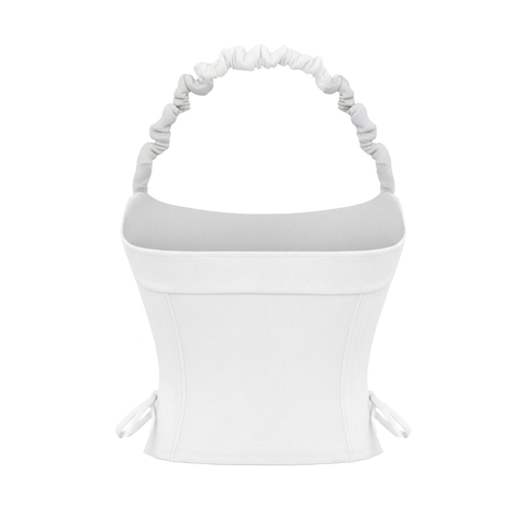 Áo kiểu nữ cổ yếm croptop DKMV khoét eo phối dây thắt nơ màu trắng