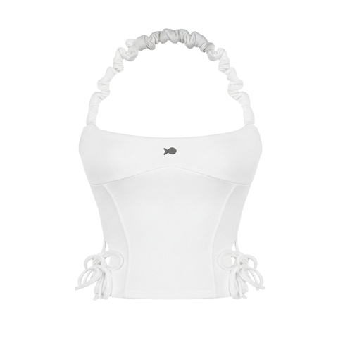 Áo kiểu nữ cổ yếm croptop DKMV khoét eo phối dây thắt nơ màu trắng