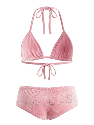 Bikini hồng 2 mảnh đính cườm SISTERS chất liệu nhung óng ánh