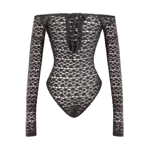 Bodysuit ren nữ trễ vai tay dài SISTERS hoa nhí đan dây lưng sau
