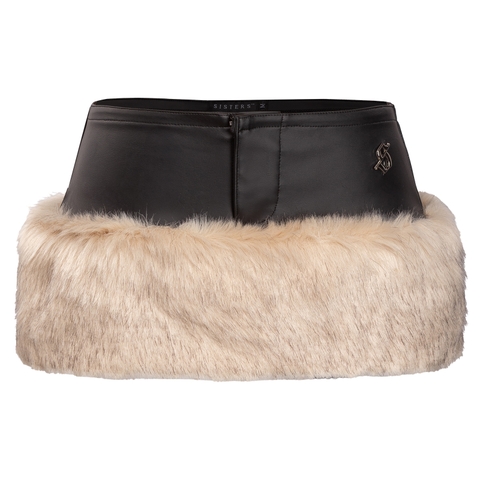 Chân váy da ngắn phối lông lưng thấp ôm dáng