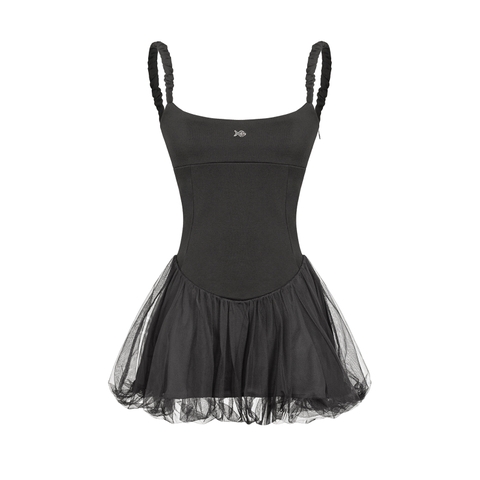 Đầm 2 dây bèo phối lưới ngắn DKMV dáng váy bí bồng bềnh