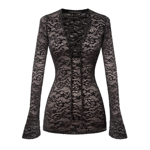 Đầm body tay dài ren nhung xuyên thấu SISTERS dây đan xẻ ngực