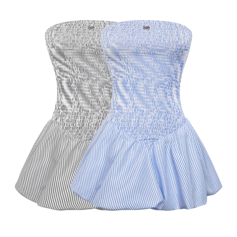 Đầm cúp ngực ngắn dáng bí DKMV hoạ tiết nhún phối kẻ sọc