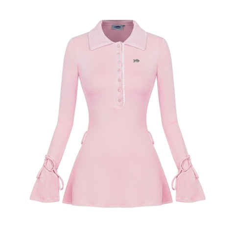 Đầm dài tay dáng ngắn cổ polo DKMV tay loe thắt nơ phối ren