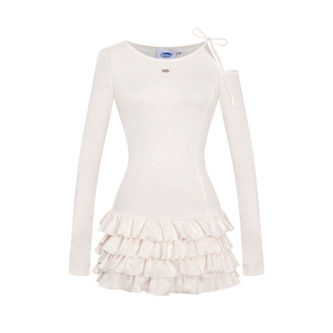 Đầm dài tay dáng ngắn xoè tầng DKMV khoét vai buộc nơ