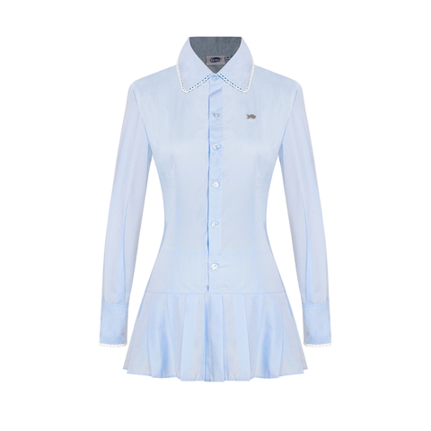 Đầm nữ cổ polo tay dài DKMV dáng xếp ly phối ren điệu đà