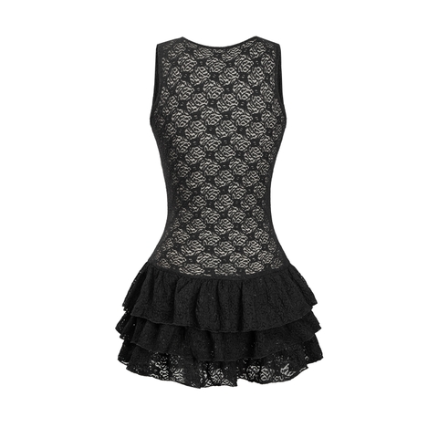 Đầm ren nữ ngắn dáng xòe xếp tầng cổ tim xuyên thấu Jia Dress