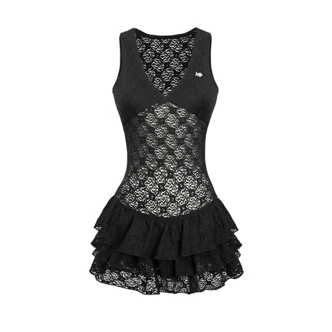 Đầm ren nữ ngắn dáng xòe xếp tầng cổ tim xuyên thấu Jia Dress