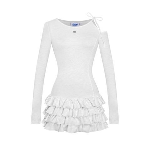 Đầm xoè tay dài xếp tầng ngắn DKMV khoét vai thắt dây nơ