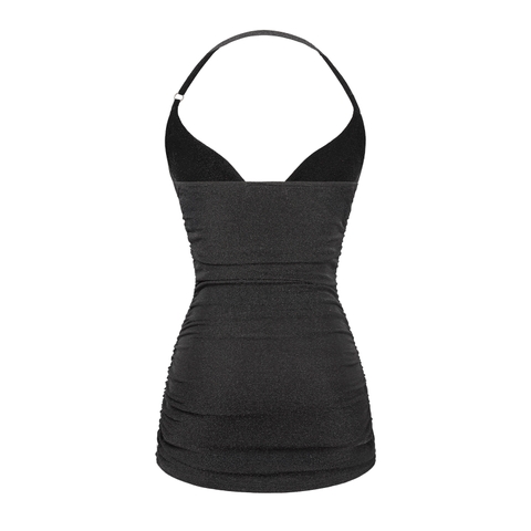Đầm yếm cổ đổ hở lưng nhún ôm body SISTERS thun ánh kim gợi cảm
