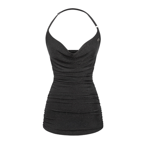 Đầm yếm cổ đổ hở lưng nhún ôm body SISTERS thun ánh kim gợi cảm