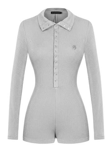 Jumpsuit ngắn nữ cổ bẻ bấm nút tay dài SISTERS thun gân ôm sát