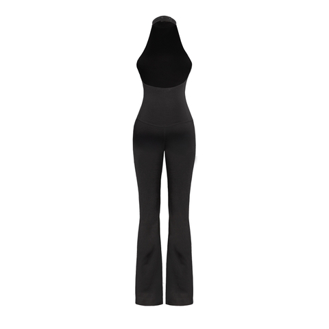 Jumpsuit nữ dài ống loe hở lưng sexy SISTERS cổ yếm màu đen thiết kế logo inox có khóa kéo điều chỉnh Isadora