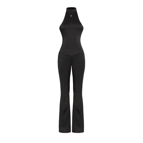 Jumpsuit nữ dài ống loe hở lưng sexy SISTERS cổ yếm màu đen thiết kế logo inox có khóa kéo điều chỉnh Isadora