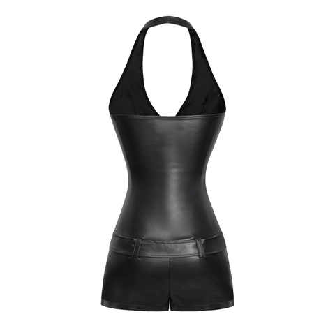 Jumpsuit nữ ngắn da hở lưng cổ yếm khóa kéo kèm thắt lưng Fidelia