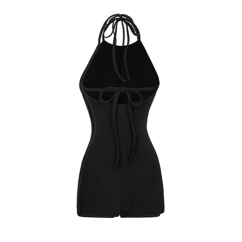 Jumpsuit nữ đùi cổ yếm hở lưng màu đen Rusie