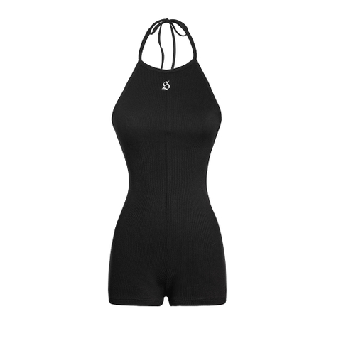 Jumpsuit nữ đùi cổ yếm hở lưng màu đen Rusie